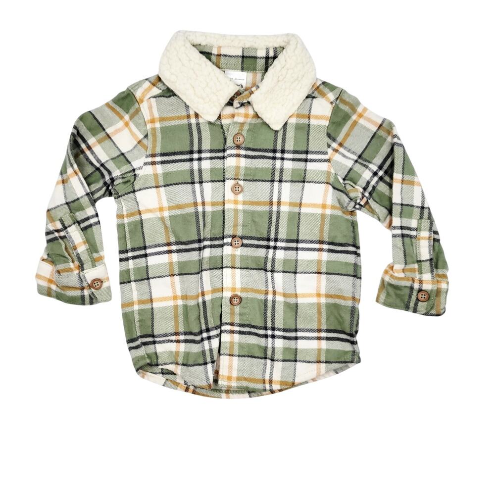 Carter's Just One You Green Plaid Sherpa Collar Button Up Shirt Baby Boys 12 mth